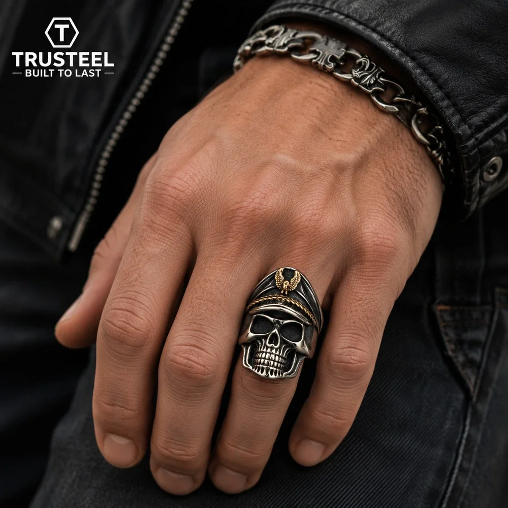 Military Skull 316L Stainless Steel Army Officer Gothic Biker Men’s Ring size 9